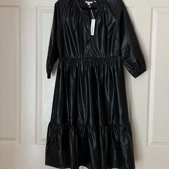 CHICO’S FAUX LEATHER MIDI TIERED DRESS WITH SLEEVES - Picture 8 of 16